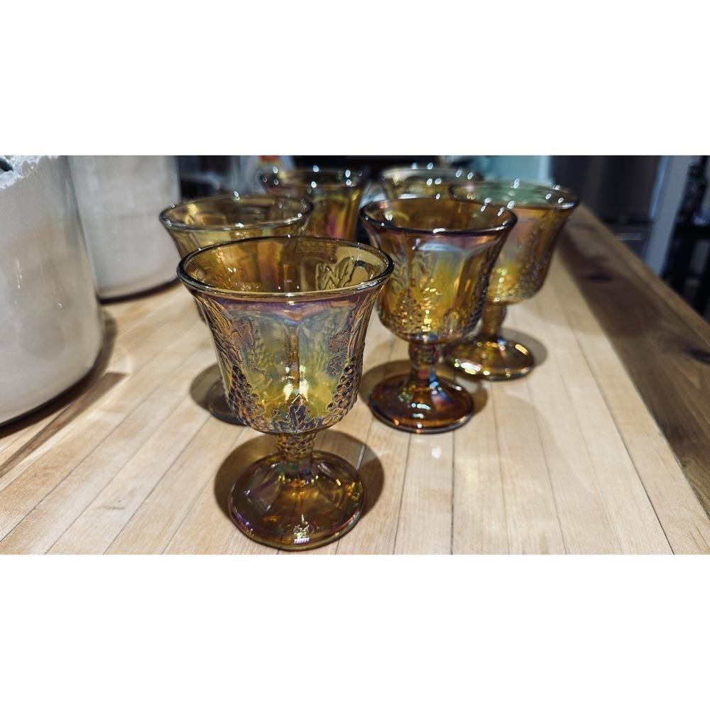 Vintage Amber Carnival Glass Goblets‎ Set of 6 Grape Pattern Iridescent